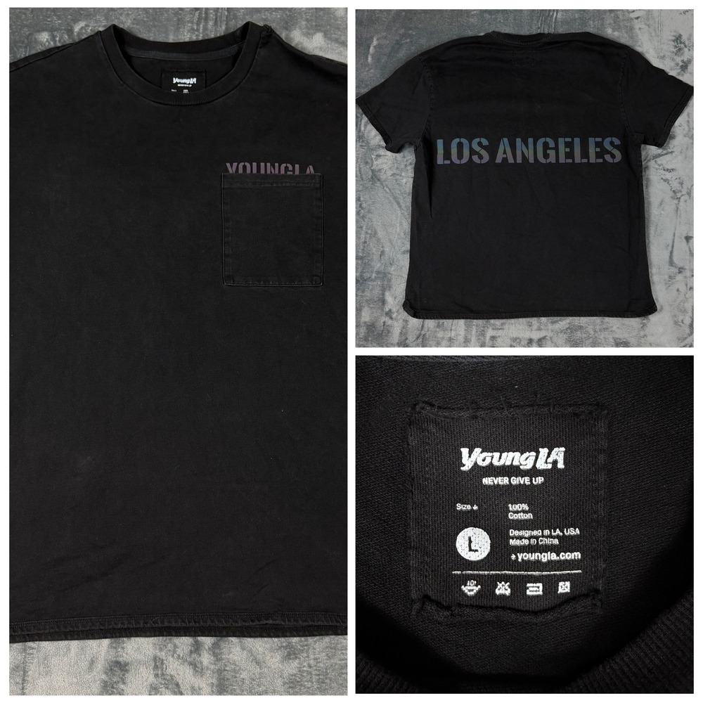 YoungLA‎ Mens L Black Dbl Sided Los Angeles Graphic Pocket T-Shirt Heavyweight